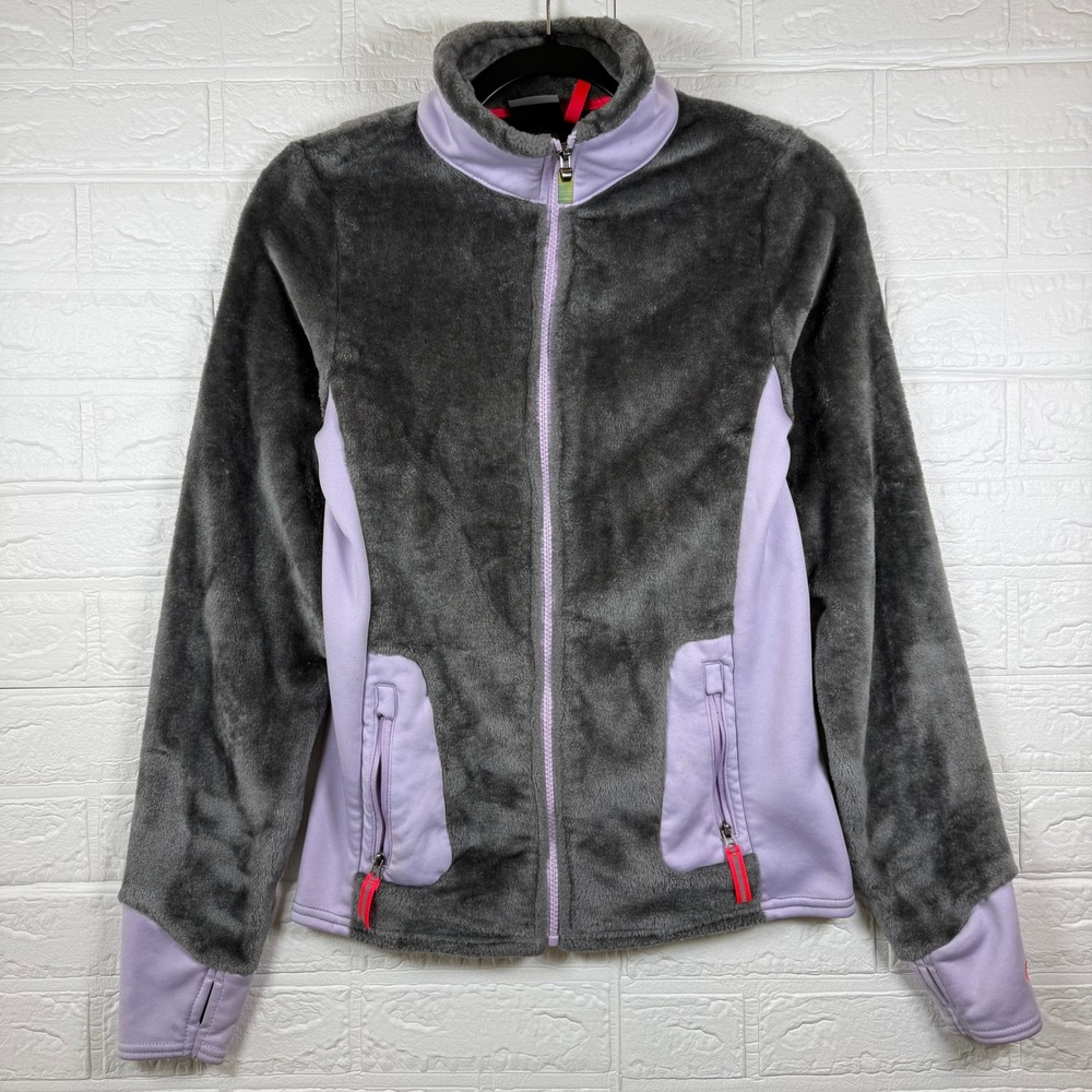 Champion Fleece Jacket Women XL Gray Purple Full Zip Mock Neck Thumbhole Cuffs